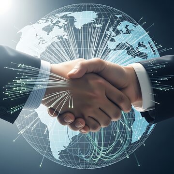 Global business partnership technology background with fiber optic networking connection.