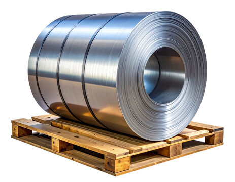 Steel Coil Roll on Industrial Wooden Pallet, Front View, Isolated on Transparent Background