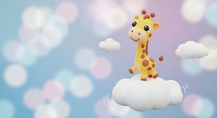 Adorable Giraffe on a Cloud - A Whimsical Dreamscape Illustration.