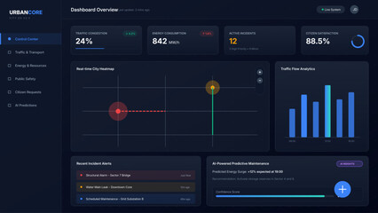 Futuristic dark theme UI displaying real-time urban analytics, traffic monitoring, energy consumption, and AI predictive modeling for intelligent city infrastructure and operational management.