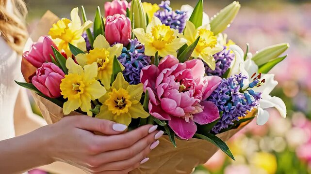 A persons hands delicately holding a beautifully arranged, vibrant spring bouquet featuring an assortment of colorful fresh flowers like pink tulips, yellow daffodils, purple hyacinths, and white lil.