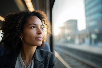 Obraz premium Urban professional commuting by train, thoughtful gaze through window, soft morning light, modern city routine, mobility and work life balance concept calm reflection daily journey