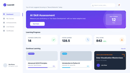 Modern web application interface for e-learning featuring course management student progress tracking skill assessments and a clean user centric educational software design