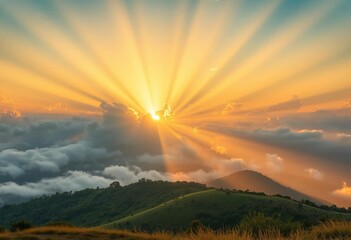 Fototapeta premium Radiant sunbeams pierce through clouds, casting golden light across a serene landscape, nature, illumination