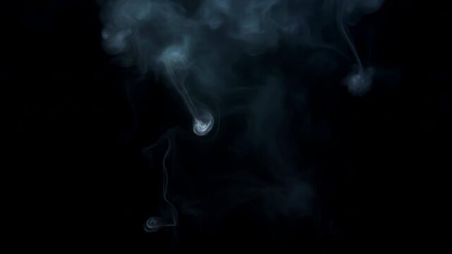 Realistic white smoke wisps rising slowly against black background. Abstract mystical fog texture overlay.