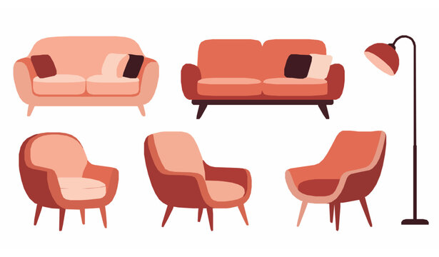 Cozy modern furniture vector set with sofa couch armchair and lamp for home interior decor