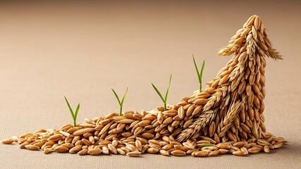 Abundant harvest grain seeds meticulously arranged into an ascending arrow shape symbolizing agricultural growth and increasing crop yield potential with emerging sprouts illustrating future success.