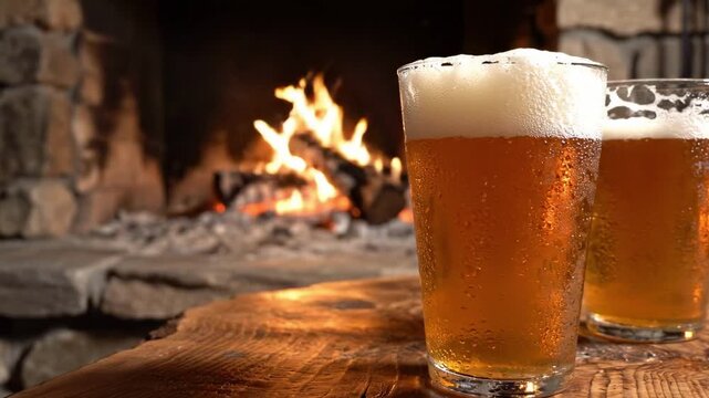 pints of beer. Two frosty glasses of beer sit on a rustic wooden table, with a cozy fireplace crackling in the background, creating a warm, inviting atmosphere