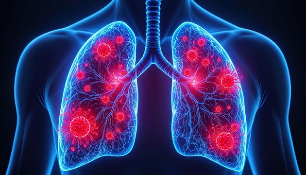 Viral infection concept with glowing blue lungs and red virus particles