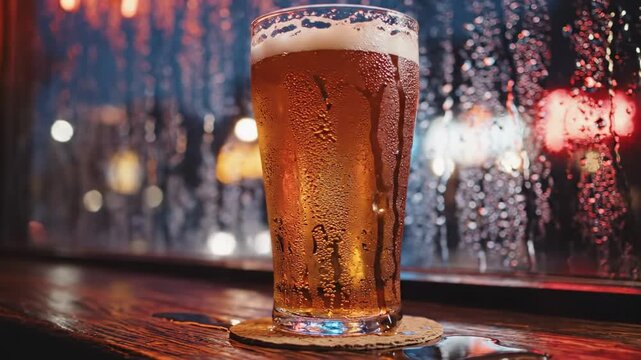 pints of beer. A pint of amber beer sits on a bar top, droplets of condensation forming on the glass, with a blurred backdrop of raindrops on a window and soft, colorful lights shimmering