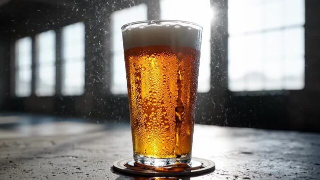 pints of beer. A frosty glass of golden beer filled with bubbles sits on a textured surface, illuminated by sunlight streaming through a window, creating a warm, inviting atmosphere