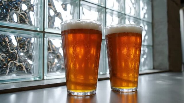 pints of beer. Two frosty glasses filled with amber beer sit on a tabletop, reflecting light from the textured glass wall behind them, showcasing a cozy and inviting atmosphere