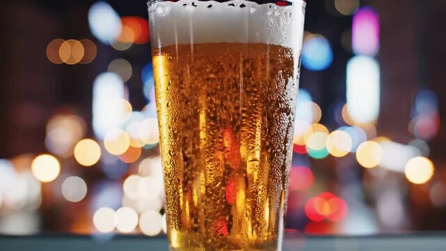 pints of beer. A close-up of a frosty glass of golden beer with bubbles rising, set against an urban nighttime backdrop, featuring vibrant bokeh lights in soft-focus