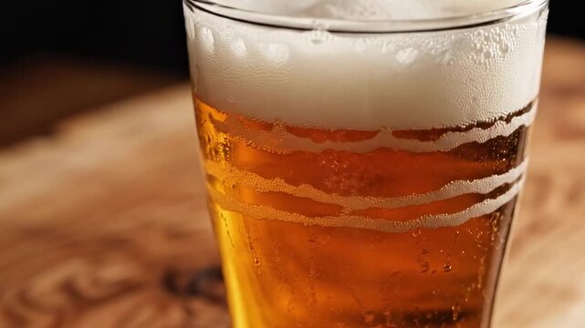 pints of beer. A close-up of a glass filled with golden beer, showcasing bubbles and condensation, placed on a rustic wooden table with intricate grain patterns