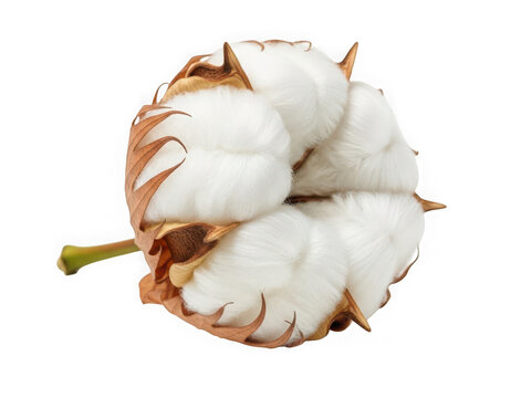 Cotton boll with white fluffy fibers on transparent  background