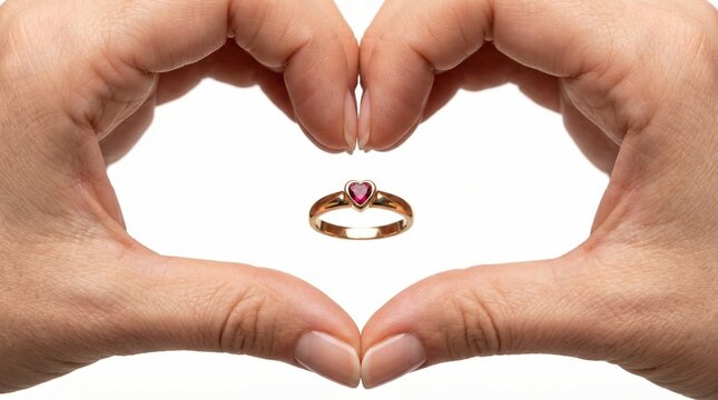 Heart Shape Hands Holding Gold Ring Valentine Love Gesture Isolated 