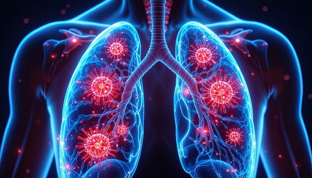Viral infection attacking lungs with glowing red virus particles