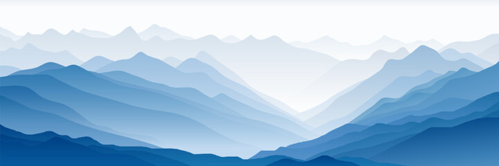 Naklejka premium Vector illustration of mountains, silhouette ridges in the morning haze, mountain gradient, panoramic view