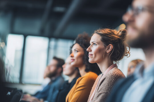 Employees listening attentively during corporate training session, speaker blurred foreground, modern conference room, professional development and knowledge sharing concept growth