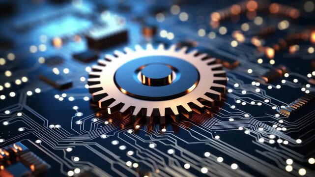 Metal gear on digital circuit board background  