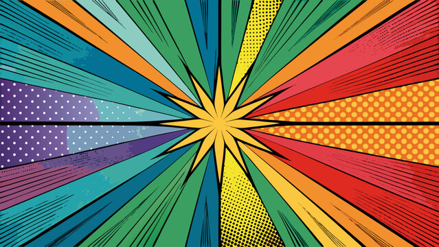 Retro cartoon explosion background with yellow radial lines and blue dots for superhero design.eps