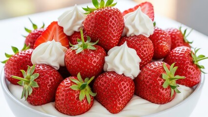 Fresh red strawberries with dollops of white whipped cream in a bowl.