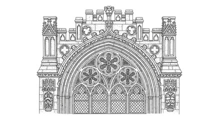 This detailed line art illustration beautifully captures an elaborate Gothic architectural facade, showcasing intricate tracery, pointed arches, and decorative elements.