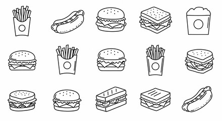 A Variety of Fast Food Icons Including Hot Dogs, Hamburgers, Sandwiches, and French Fries