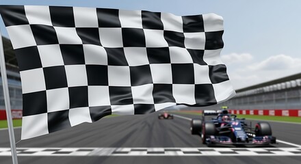 Obraz premium Race Car Crossing Finish Line with Checkered Flag Waving.