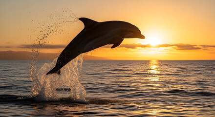 Dolphin leaping out of the ocean at sunset with splashing water.