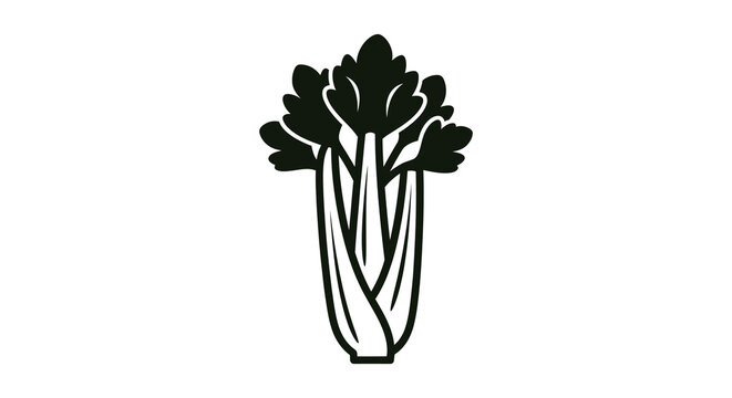 A stylized black and white illustration depicts a single stalk of celery with leafy greens at the top