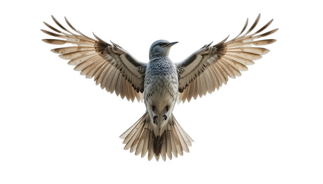 Northern Mockingbird in mid-flight with wings fully extended, showcasing intricate feather patterns against a stark white background.