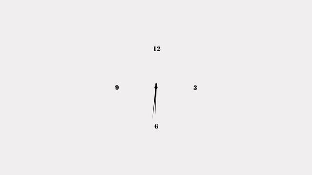 Minimalist wall clock design featuring black stencil-style numbers 12, 3, 6, and 9 with a single hand pointing to twelve o'clock on a textured off-white background