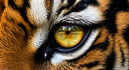 Close-up of a tiger's eye with vibrant orange and black fur.