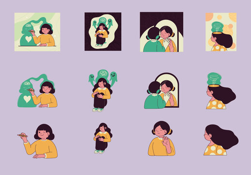 Mindfulness Cartoon Illustration Design Set
