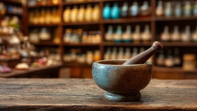 Mortar and pestle on counter in herbal store
