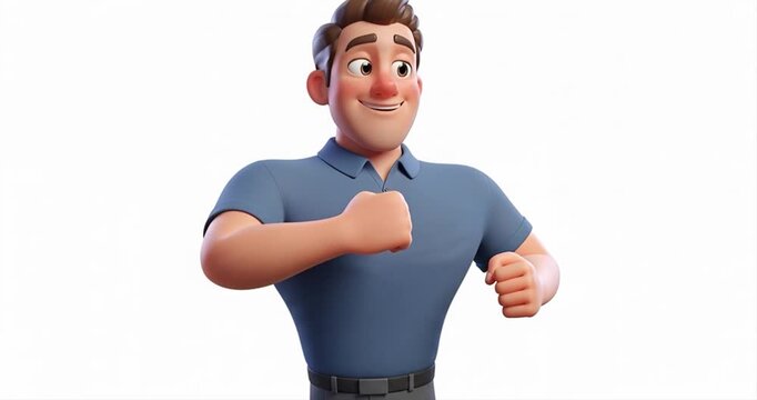 Animated male character expressing positive emotion isolated white background