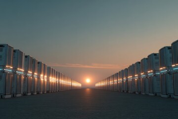 Fototapeta premium Rows of Solar Battery Packs Aligned Under Sunset Glow
