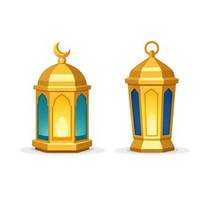 Golden Ramadan lanterns with blue glass panels and crescent moon detail