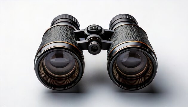 Close-up of vintage binoculars on a white surface, capturing detail.