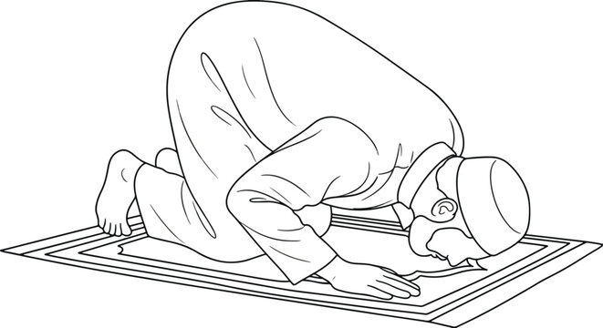  Muslim Man Performing Sujud Prayer Outline Vector Sketch 2026   Islamic Namaz Line Art Illustration on Prayer Rug for Coloring Pages and Religious Education 2026 