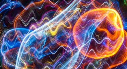 Abstract energy waves and glowing sphere, vibrant and dynamic design.