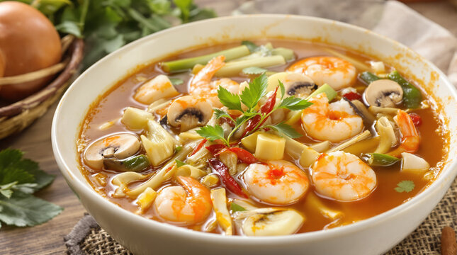 Delicious Thai Tom Yum soup with shrimp and vegetables in a bowl