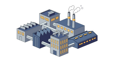 Obraz premium Isometric illustration of a sprawling industrial complex, featuring multiple factory buildings, interconnected structures, and smokestacks, symbolizing manufacturing, production, and energy