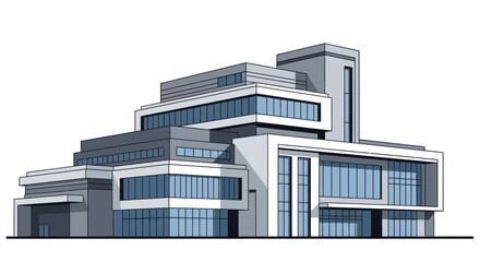 Fototapeta premium Sleek contemporary multi-level building illustration showcasing innovative architectural design with large reflective windows, representing modern urban development and corporate sophistication