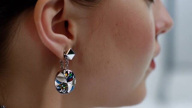 Woman Wearing Elegant Silver Earrings Closeup.
