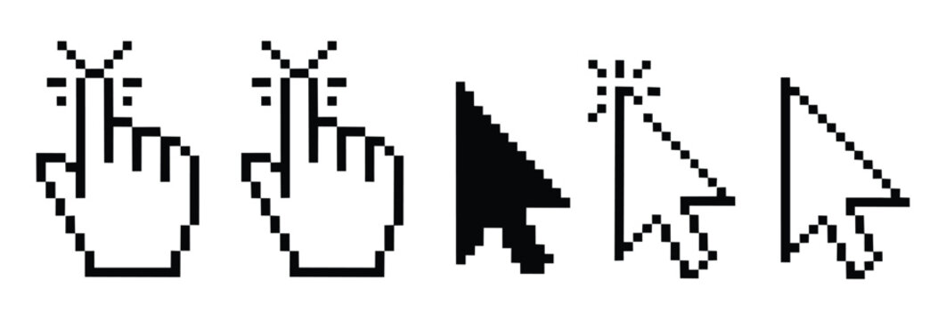 Computer mouse click cursor gray arrow icons set and loading icons. Cursor icon. Mouse click cursor collection. Cursor pointers and hand icons in pixel art style for digital design. 