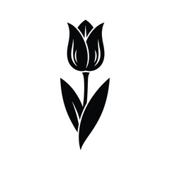 Obraz premium Tulip flower silhouette icon with stem and leaves, minimalist black vector style, isolated on white background for logo, tattoo, floral decor, spring design