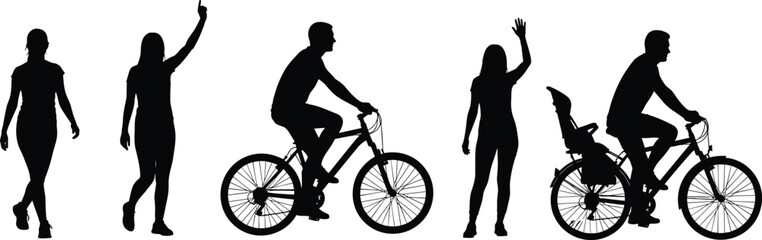 Fototapeta premium Set of black silhouettes featuring people walking waving hands and riding bicycles with a child seat isolated on white background vector illustration collection