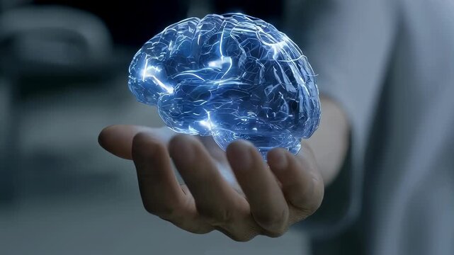 Glowing blue holographic brain projection floating above open human hand in futuristic technology concept